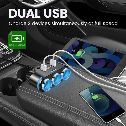 150W Multi-Socket Car Power Adapter with Cigarette Lighter Plug