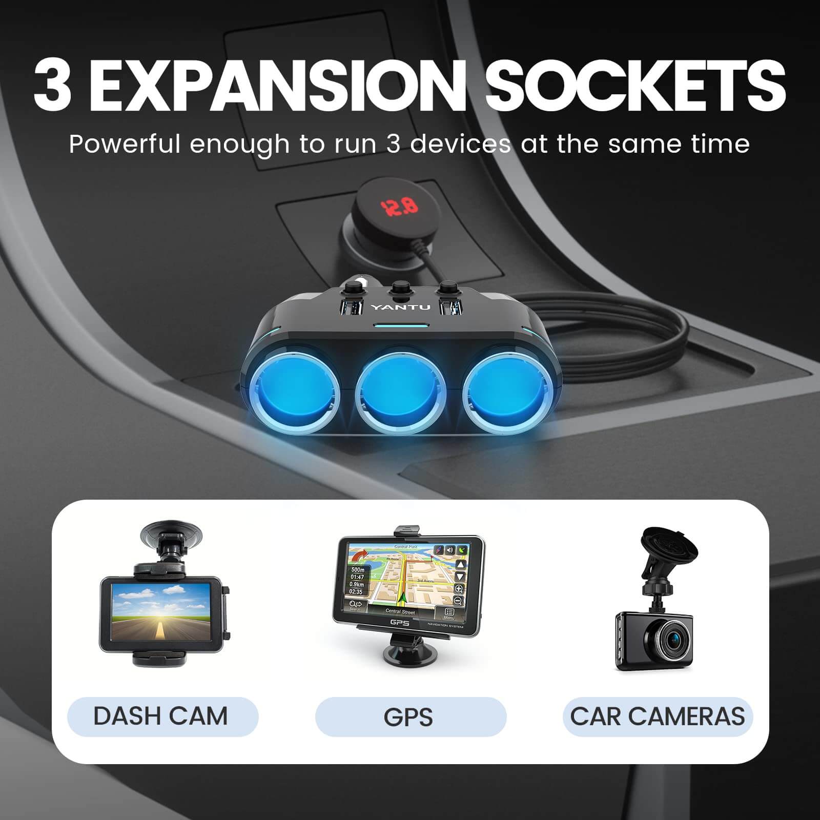 150W Multi-Socket Car Power Adapter with Cigarette Lighter Plug