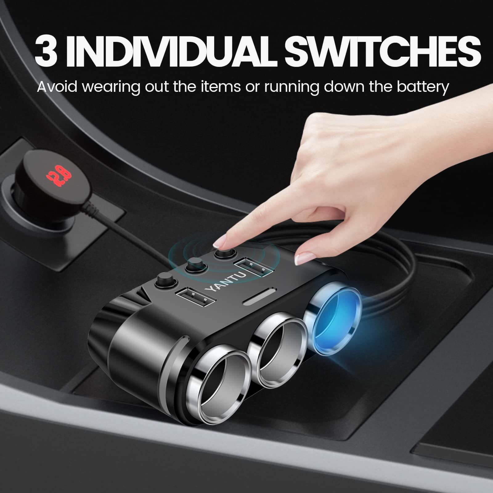 150W Multi-Socket Car Power Adapter with Cigarette Lighter Plug
